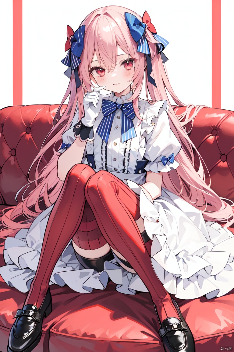  1girl, bangs, blue_bow, blush, bow, bowtie, chair, closed_mouth, couch, dress, elbow_gloves, frilled_dress, gloves, hair_between_eyes, hair_bow, long_hair, looking_at_viewer, on_couch, pantyhose, partially_fingerless_gloves, pinstripe_pattern, puffy_short_sleeves, puffy_sleeves, red_background, red_eyes, ribbed_legwear, shoes, short_sleeves, smile, solo, striped, striped_bow, striped_gloves, striped_legwear, striped_pants, vertical-striped_legwear, vertical_stripes, white_hair