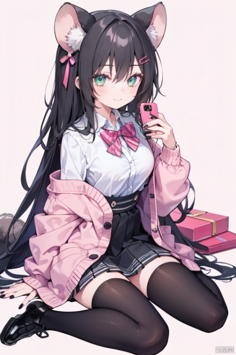  1girl, solo, holding, phone, bow, holding_phone, shirt, skirt, animal_ears, thighhighs, black_hair, long_hair, shoes, cellphone, white_thighhighs, green_eyes, pink_background, pink_skirt, smile, pink_bow, white_shirt, hair_ornament, pleated_skirt, closed_mouth, long_sleeves, bangs, collared_shirt, mouse_ears, pink_nails, wariza, hair_between_eyes, very_long_hair, black_footwear, nail_polish, cardigan, hairclip, sitting, breasts, blush, looking_at_viewer, smartphone, bowtie, full_body, medium_breasts, red_bow, school_uniform, simple_background, blue_cardigan, pink_bowtie, fingernails, zettai_ryouiki, dress_shirt, year_of_the_rat