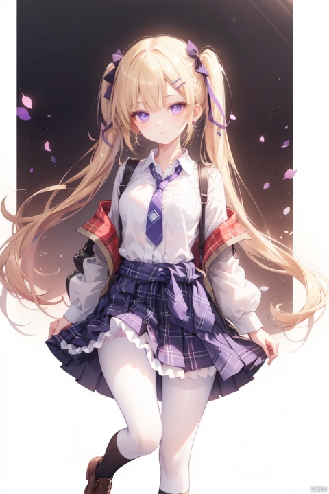  1girl, solo, best quality, black background, simple background, transparent background, looking at viewer, closed mouth, purple eyes, blonde hair, very long hair, twintails, hairclip, breasts, school uniform, plaid skirt, white shirt, pleated skirt, shoes, kneehighs, checkered skirt, jacket around waist, white pantyhose, short sleeves, ribbon, purple necktie, earrings