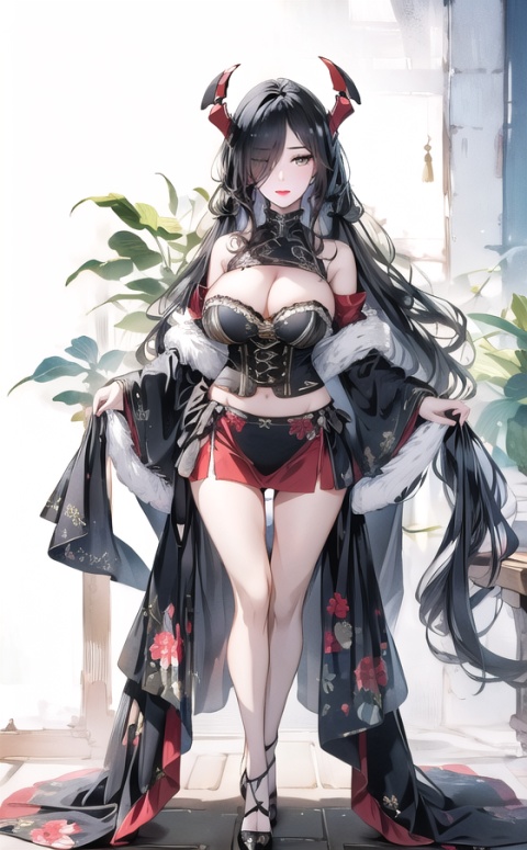  (highres, high quality:1.3), intricate details, vibrant image, colorful, friedrich der grosse \(azur lane\),mature female, hair over one eye,very long hair,black hair,twintails, curly hair,solo,sexy,(full body shot:1.25), Large Breasts,cleavage,wide hips, narrow waist, thick thighs,(long legs:1.4),mf,tight blue corset