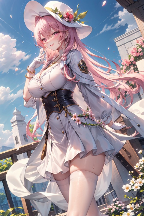  masterpiece, best quality, masterpiece,best quality,official art,extremely detailed CG unity 8k wallpaper, huge_filesize, spring, sun, clouds, breeze, flower field, valleys, mountain streams, a girl, beautiful girl, pink hair, double braids, white cotton hat, beautiful detailing eyes, sparkling eyes, watery eyes, pink eyes, breasts, medium breasts, white trench coat, Short skirt, white silk stockings, petal pendant, white five-finger gloves, wreath, bracelet, smile, walking in the flowers,hand101,Detail