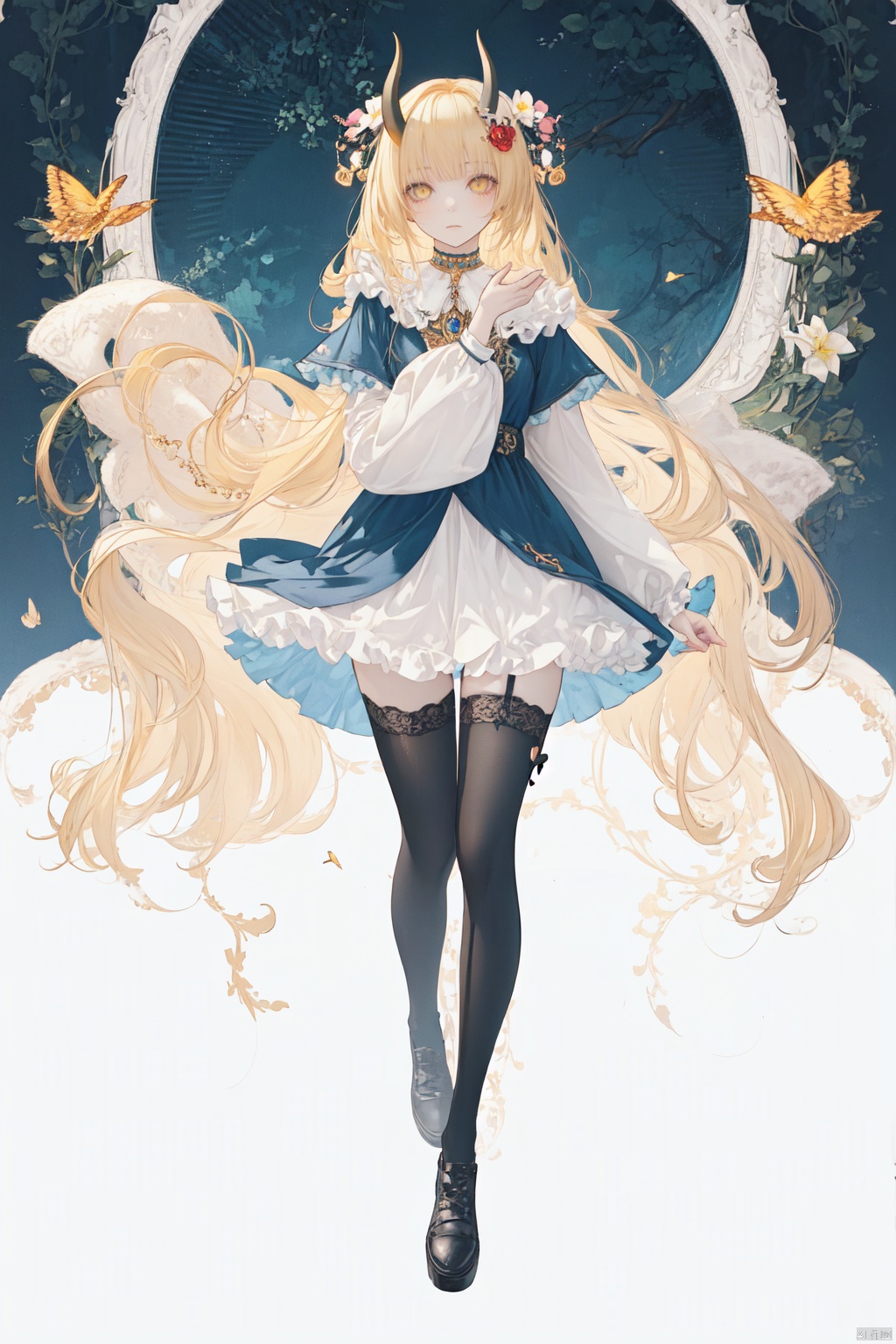  1girl, blonde_hair, full_body, hair_ornament, horns, jewelry, long_hair, solo, thighhighs, very_long_hair, yellow_eyes