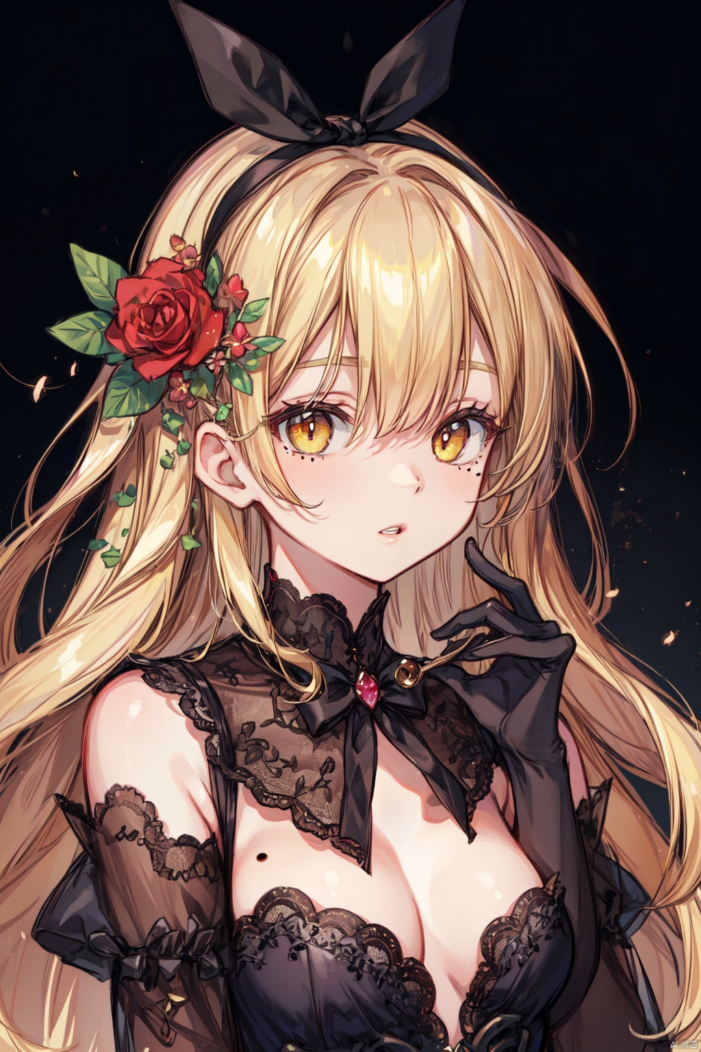  masterpiece, best quality,1girl, bird, yellow eyes, owl, long hair , parted lips, solo, blonde hair, hair bow, bangs, portrait, lips, black bow, blunt bangs, slit pupils, eyelashes , full_body, ,midie,1girl,rita rossweisse,hair over one eye,flower,black single glove,hair ornament,hair flower,rose,breasts,black dress,mole under eye,long brownhair,