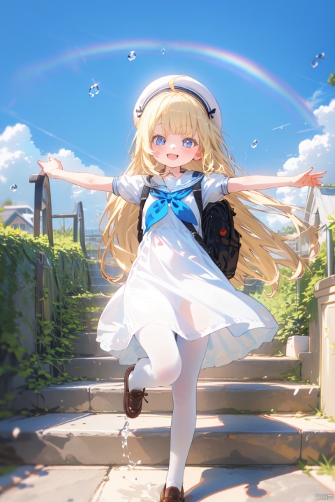 1girl, solo, white headwear, outdoors, rainbow, dress, day, brown footwear, long hair, sailor dress, short sleeves, hat, blonde hair, puffy short sleeves, shoes, puffy sleeves, sailor collar, open mouth, water drop, white dress, sky, loafers, blush, very long hair, blue sky, cloud, beret, backpack, smile, bag,white pantyhose, standing on one leg, :d, standing, bangs, fang, neckerchief, red neckerchief, ahoge, stone stairs, depth of field, cloudy sky, looking at viewer, blue eyes, blurry, blue sailor collar, black sailor collar, outstretched arms