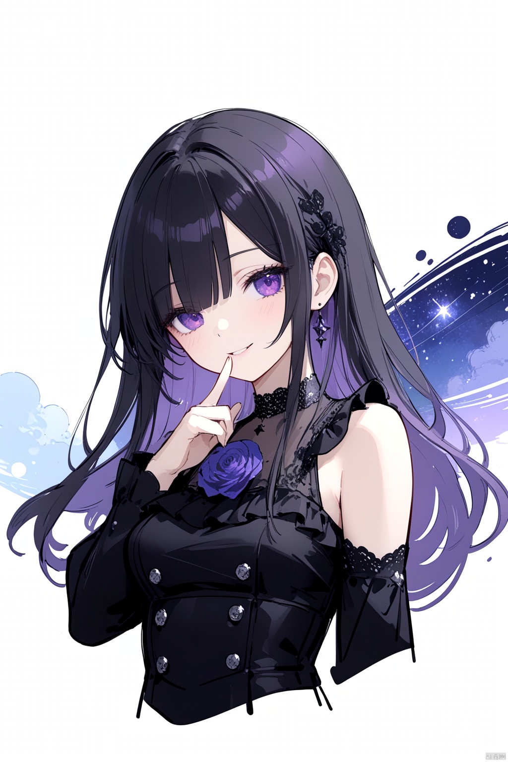  1girl, solo, 
Long hair, black hair, purple gradient hair, purple eyes, blunt bangs, hair over one eye, glowing eyes, 
gothic, lace_trim, long sleeves, frilled shirt, skirt, choker, detached_sleeve,
(half-closed eyes), chibi, 
looking at viewer, smirk, hush, finger to mouth, covering mouth,
(cropped background), cropped torso, (sketch:1.2), purple rose, starry sky, galaxy,
masterpiece,bestquality, [artist:AGM86997980],artist:ciloranko,artist:wlop,[artist:sho_(sho_lwlw)],artist:ask(askzy),[artist:yuriTizu],[artist:ciloranko],[[artist:sola_syu]],[artist:morikura_en], line art,line style