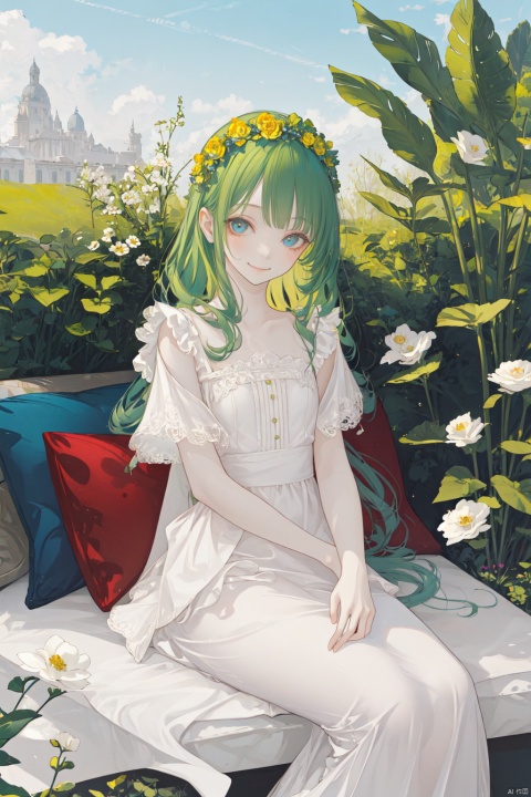  1girl, solo, best quality, secluded garden oasis, lounging on plush cushions, gentle smile, hands in lap, long wavy green hair, flower crown, flowing white sundress, serene, tranquil