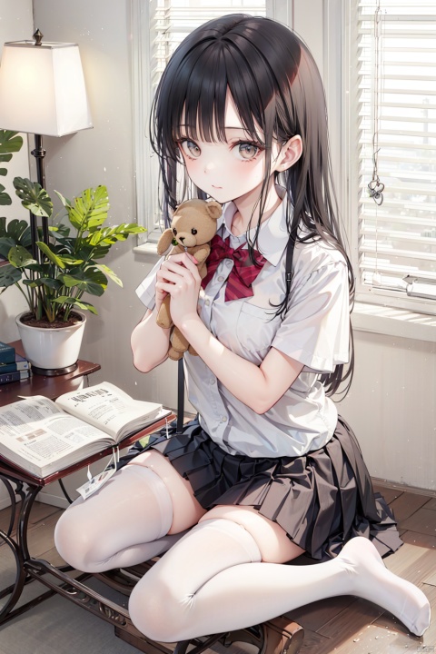 1girl, solo, long hair, looking at viewer, bangs, skirt, shirt, black hair, thighhighs, holding, brown eyes, sitting, closed mouth, school uniform, full body, white shirt, short sleeves, day, indoors, black skirt, star \(symbol\), white thighhighs, book, window, mask, chair, no shoes, stuffed toy, table, sunlight, plant, desk, knee up, brown skirt, bookshelf, potted plant, lamp, blinds