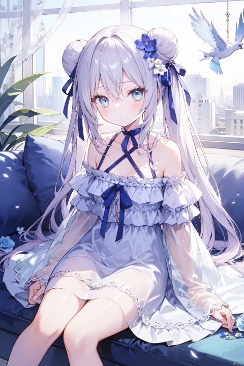  1girl, animal, bangs, bare_shoulders, bird, blue_bow, blue_eyes, blue_flower, blue_ribbon, blue_rose, bow, choker, closed_mouth, collarbone, double_bun, dress, eyebrows_visible_through_hair, flower, frills, hair_between_eyes, hair_flower, hair_ornament, long_hair, long_sleeves, looking_at_viewer, off-shoulder_dress, off_shoulder, ribbon, rose, sitting, sleeves_past_wrists, solo, very_long_hair, white_dress, white_flower, white_rose, wide_sleeves