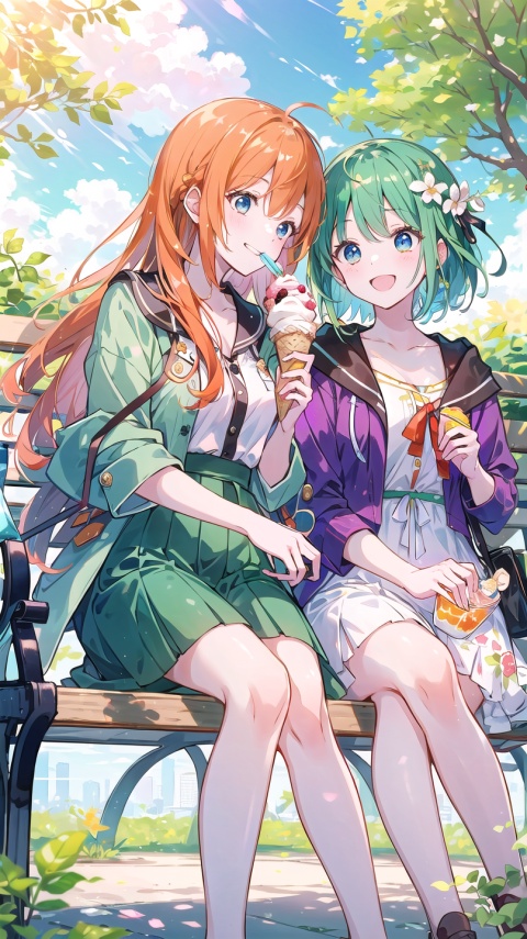  Two friends sitting on a park bench, sharing a joke and laughing heartily. They are holding ice cream cones in their hands. The surroundings are lush green trees and flower beds in full bloom. There are a few white clouds in the sky, and the sunlight filters through the leaves, casting a warm and harmonious feeling on them. High-resolution image of two best friends enjoying a sunny day at the park, happy, laughter, ice cream, nature, friendship, picnic, outdoor activity, leisure time, summer vibes, trending on Unsplash, by Hannah Morgan.orange hair,blue eyes,green hair,purple eyes