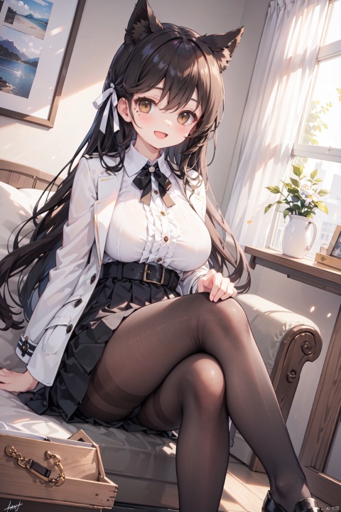  1girl, atago (azur lane), long hair, breasts, solo, mole under eye, smile, animal ears, crossed legs, open mouth, mole, sitting, bangs, large breasts, looking at viewer, blush, ribbon, pantyhose, black hair, signature, open clothes, dress, white ribbon, hair ribbon, jacket, brown eyes, extra ears, open jacket, black pantyhose, swept bangs, :d, casual, very long hair, long sleeves, indoors, window, arm support, white jacket, hair between eyes, skirt, alternate costume, black dress, dutch angle, shoes, long skirt, sidelocks, hand in own hair, belt