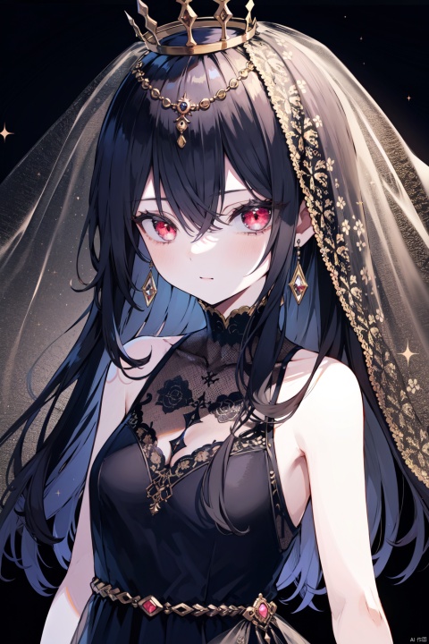  1girl, solo, jewelry, crown, earrings, long_hair, veil, bug, butterfly, black_dress, sleeveless, red_eyes, dress, looking_at_viewer, upper_body, black_hair, sleeveless_dress, bangs, hair_between_eyes, black_background, covered_mouth, see-through, red_nails, nail_polish, gem, floral_background, floral_print, red_gemstone, bare_arms, bare_shoulders, sparkle
