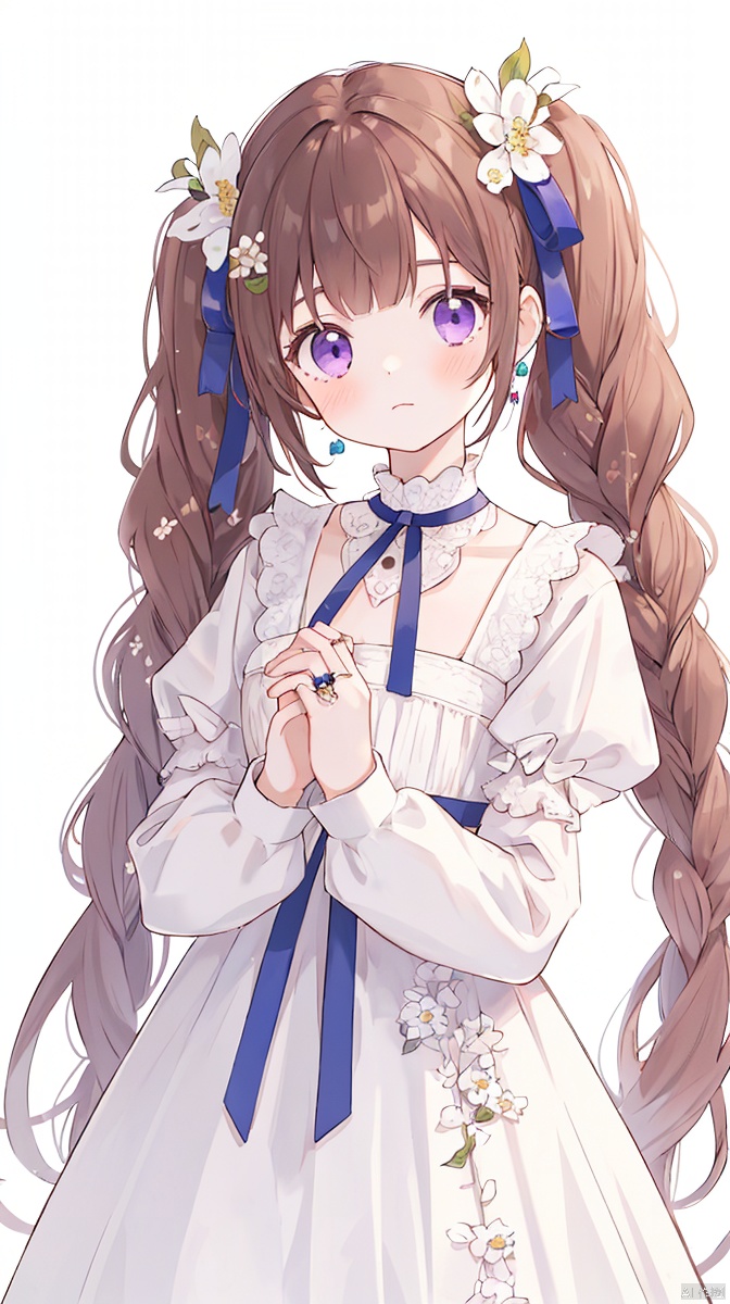  (masterpiece),(best quality) 1girl, solo, flower, hair flower, braid, hair ornament, twin braids, long hair, purple eyes, long sleeves, ribbon, upper body, bangs, looking at viewer, dress, hair ribbon, brown hair, ring, puffy sleeves, simple background, purple ribbon, blunt bangs, closed mouth, jewelry, own hands together, twintails, blush, white dress
