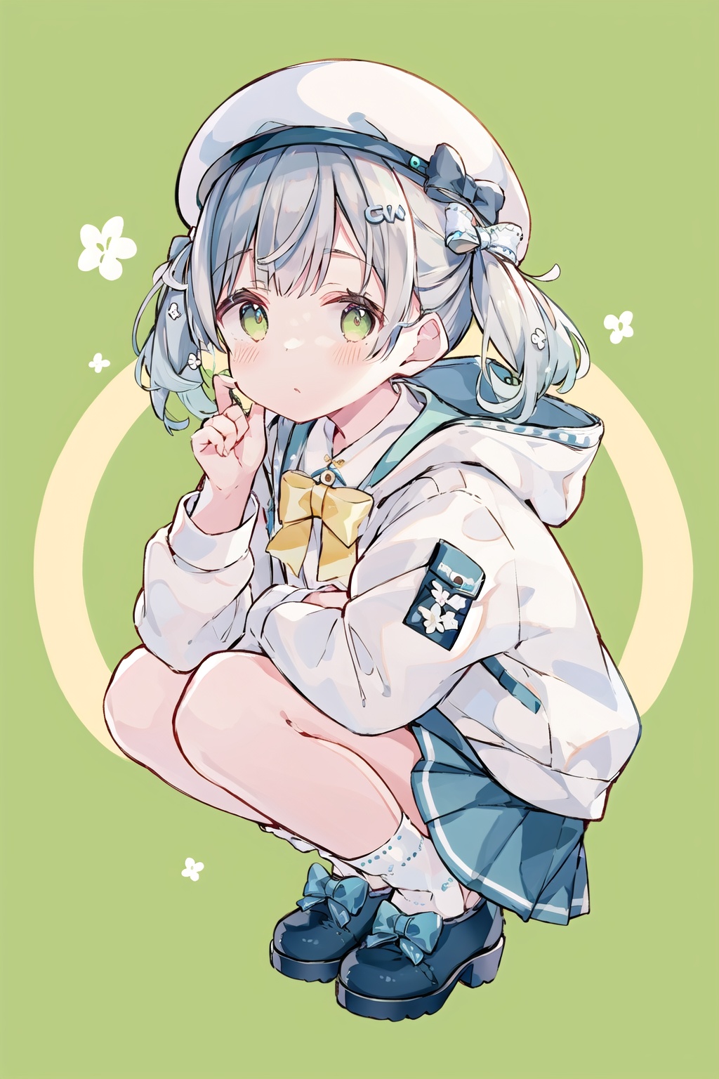  1girl, solo, looking_at_viewer, blush, bangs, skirt, shirt, hair_ornament, long_sleeves, hat, bow, holding, twintails, closed_mouth, green_eyes, jacket, full_body, white_shirt, flower, grey_hair, multicolored_hair, pleated_skirt, shoes, socks, collared_shirt, virtual_youtuber, hair_flower, hood, sailor_collar, blue_skirt, beret, squatting, white_jacket, hood_down, white_flower, white_socks, hooded_jacket, yellow_bow, blue_headwear, blue_footwear, holding_flower, footwear_bow