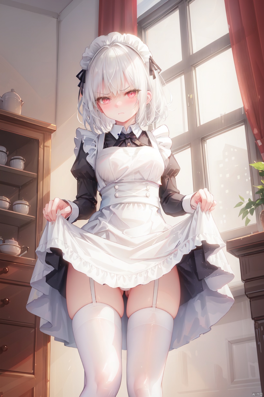  short hair,white hair,maid cafe, maid,angry,blush,lifted by self,window,
,     very long legs   ,thighhighs,from below
