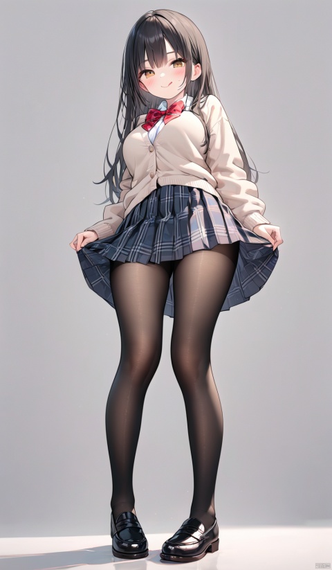 (masterpiece), (best quality), illustration, ultra detailed, hdr, Depth of field, (colorful), loli, 1girl, solo, pantyhose, skirt, long hair, loafers, shoes, simple background, breast,big boobs，smile,tongue，school uniform, brown eyes, plaid, black pantyhose, plaid skirt, looking at viewer, black hair, pantyhose pull, full body, clothes pull, black footwear, pleated skirt, leaning forward, bangs, long sleeves, bent over, cardigan, bow, bowtie, standing, closed mouth, pulled by self, grey background, blush, miniskirt, bustiest，red bow, sweater, undressing,dress lift,shoot from below，biggest boobs