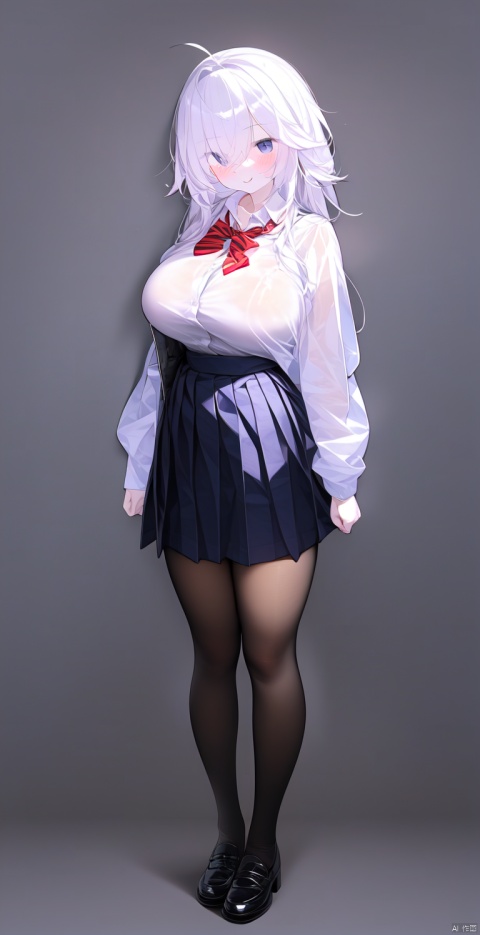  1girl,looking_at_viewer,large_breasts, smile,black_footwear,white pantyhose,black_legwear, bow, bowtie, collared_shirt, full_body, grey_skirt, jacket, kneehighs, long_sleeves, looking_at_viewer, long_hair,white hair, open_clothes,short pleated_skirt, detail_background, red_bow, red_bowtie, school_uniform, shirt, shoes, skirt, solo, white_shirt, Migunov,see-through, tutultb, MG tian
