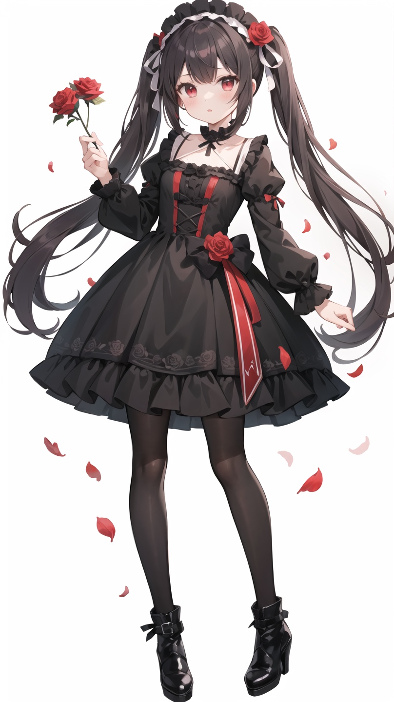  1girl, black_hair, black_legwear, boots, dress, drill_hair, falling_petals, flower, full_body, gothic_lolita, grey_background, high_heels, lolita_fashion, long_hair, pantyhose, petals, red_eyes, red_flower, red_rose, rose, rose_petals, solo, spider_lily, standing, very_long_hair