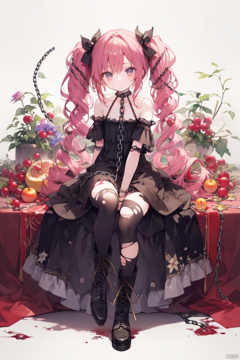  1girl, bare_shoulders, black_dress, black_footwear, blood, boots, chain, curly_hair, dress, flower, fruit, jewelry, long_hair, looking_at_viewer, pink_hair, red_flower, red_rose, rose, sitting, solo, torn_clothes, torn_legwear, twintails, very_long_hair, wavy_hair