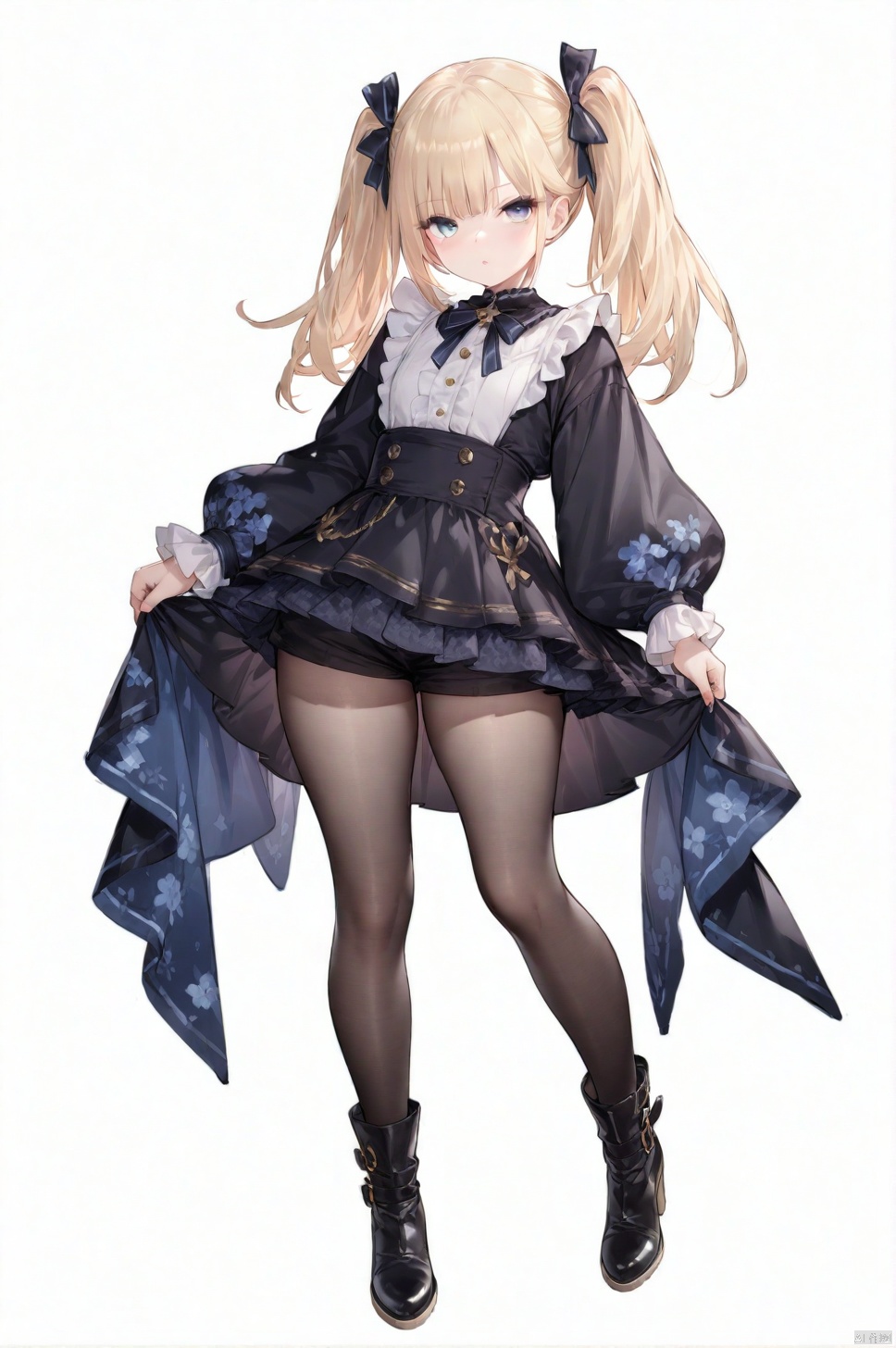 (best quality), ((masterpiece)), (highres), illustration, original, extremely detailed,1girl, solo, blue eyes, twintails, white background, blonde hair, simple background, shorts, full body, long sleeves, standing, black shorts, boots, frills, frilled sleeves, floral print, ribbon, looking at viewer, bangs, black footwear, pantyhose, puffy long sleeves, puffy sleeves,TT