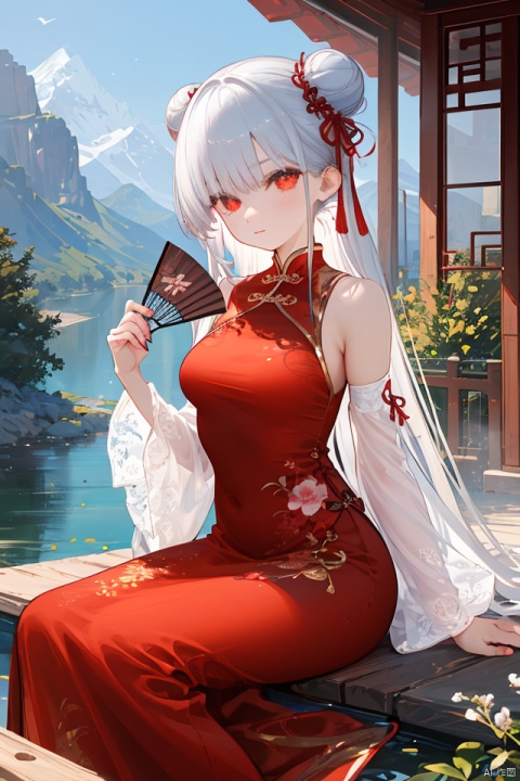  nai3,1girl,white hair,red eyes,1girl, solo, long_hair, chinese_clothes, hand_fan, dress, sitting, china_dress, double_bun, red_dress, hair_bun, looking_at_viewer, mountain, holding_fan, holding, detached_sleeves, hair_ornament, river, outdoors, water, ribbon, sleeveless_dress, red_ribbon , best quality, amazing quality, very aesthetic, absurdres,
