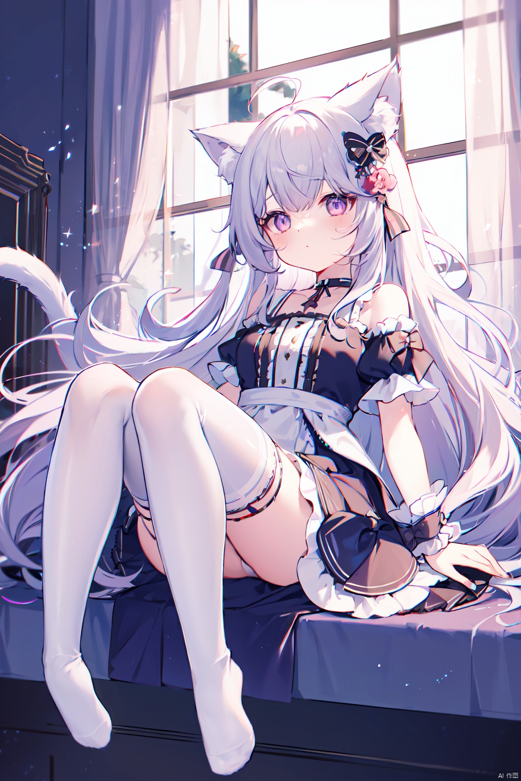  1girl, solo, long hair, looking at viewer, bangs, hair ornament, thighhighs, dress, bow, ribbon, animal ears, hair between eyes, bare shoulders, sitting, very long hair, closed mouth, purple eyes, tail, full body, flower, ahoge, white hair, short sleeves, hair bow, frills, detached sleeves, choker, puffy sleeves, virtual youtuber, cat ears, white dress, feet, white thighhighs, puffy short sleeves, cat tail, animal ear fluff, wrist cuffs, no shoes, soles, frilled dress, cat girl, tail ornament, tail bow