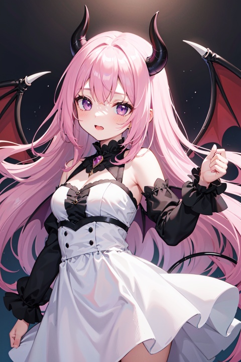  1girl,pink hair,purple eyes,bat wings,see-throught white dress,devil horns,Demon Tail,