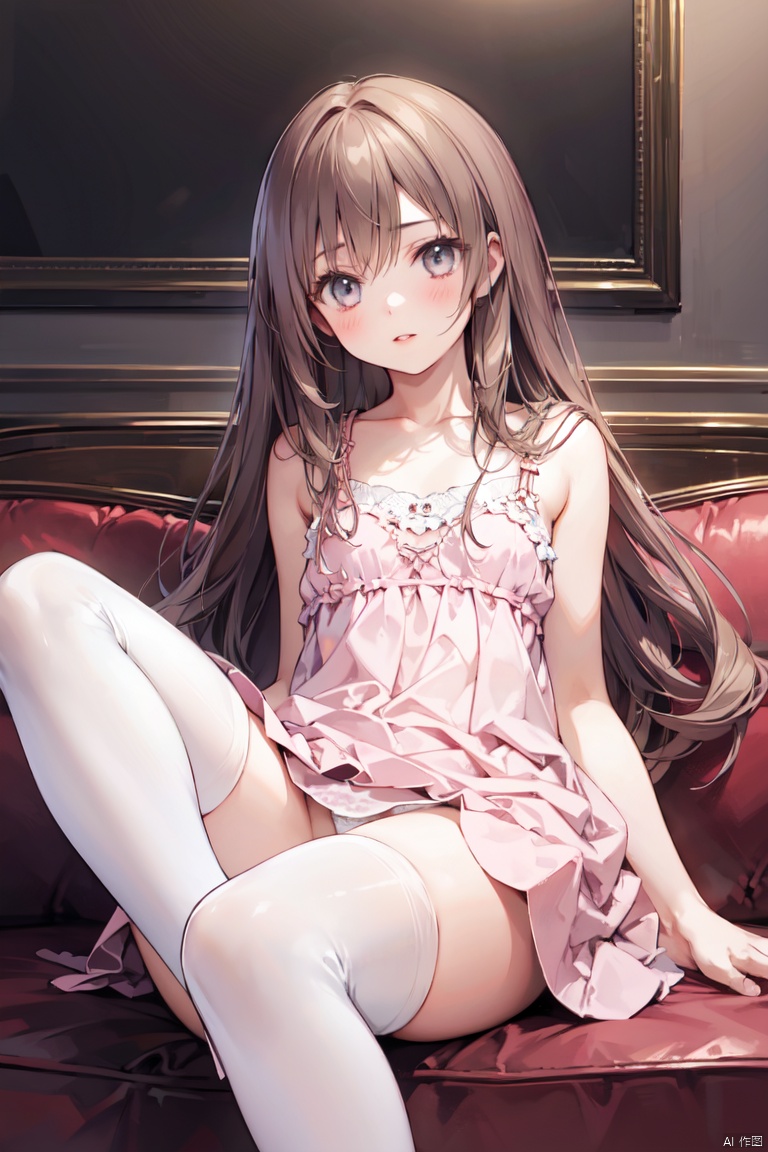  1girl, blush, brown_hair, couch, crossed_legs, dress, lips, long_hair, looking_at_viewer, on_couch, panties, pantyshot, pink_dress, realistic, sitting, socks, solo, underwear, white_legwear, white_panties