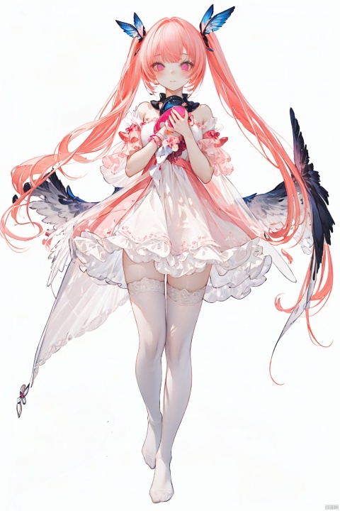  1girl, solo, long hair, looking at viewer, blush, bangs, simple background, thighhighs, white background, dress, bare shoulders, twintails, closed mouth, standing, full body, pink hair, wings, barefoot, pink eyes, white dress, white thighhighs, see-through, hitoroa, colors