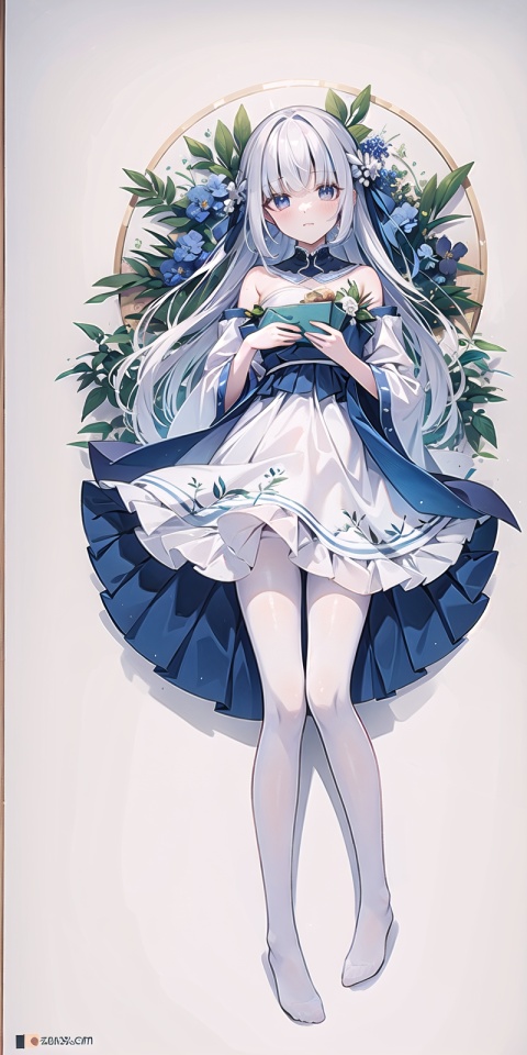  white pantyhose,no shoes, watercolor, masterpiece, best quality, extremely detailed, 1girl, full body, beautiful detailed eyes, cute anime face, full body, beautiful detailed face, white hair, (Botanical illustration:1.5), white dress, 1 girl, ziyi