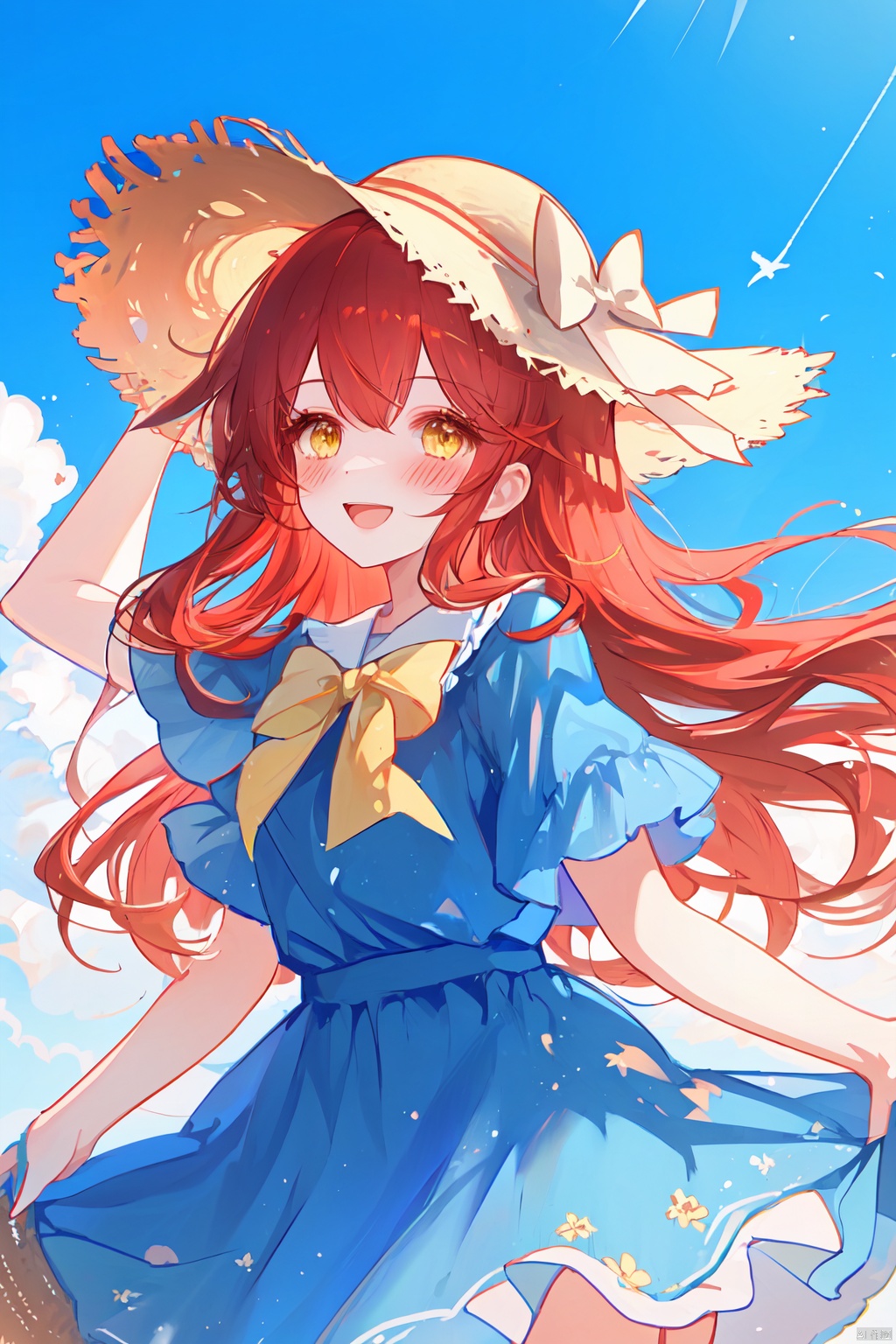  1girl, alternate_costume, bangs, blue_dress, blue_sky, blush, bow, cloud, day, dress, hat, hat_bow, heart, long_hair, open_mouth, outdoors, red_hair, short_sleeves, sky, smile, solo, star_\(symbol\), straw_hat, sun_hat, yellow_eyes