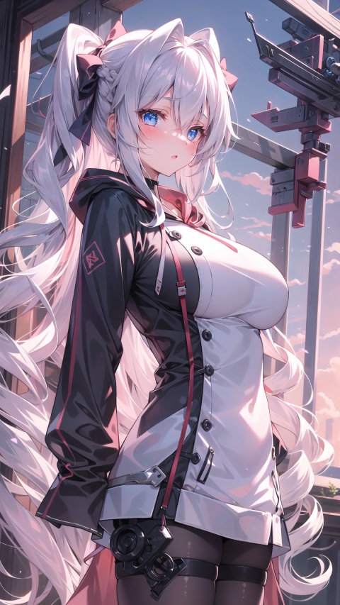  masterpiece, best quality, girl, sunset, absurdly long hair, white hair, split-color hair, drill hair, hair strand, hair twirling, long braid, hair bow, light blush, wide eyed, gradient eyes, large breasts, hoodie ,