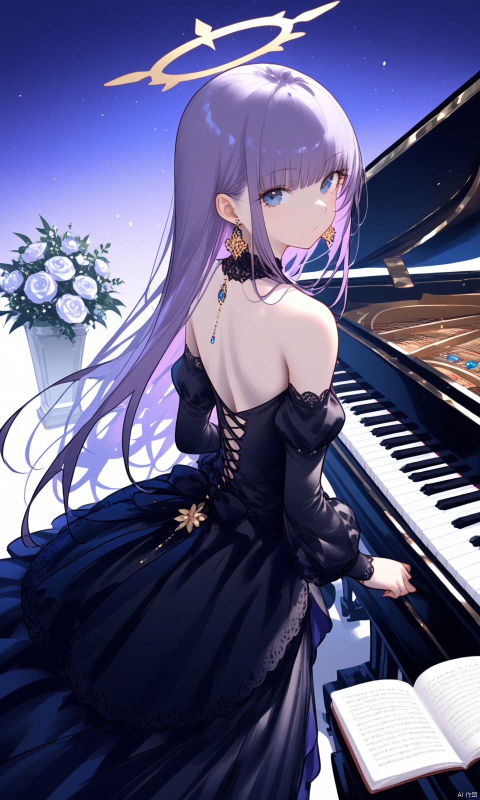  1girl, solo, looking at viewer, bangs, blue eyes, dress, bare shoulders, jewelry, purple hair, flower, earrings, detached sleeves, looking back, from behind, black dress, book, halo, piano