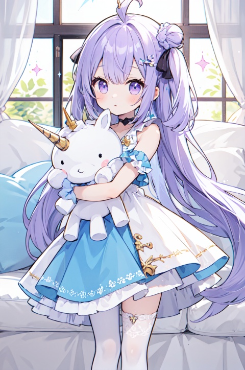  1girl, ahoge, bare_shoulders, black_ribbon, blue_flower, blue_rose, bow, dress, elbow_gloves, flower, gloves, hair_bun, hair_ribbon, halterneck, holding_stuffed_toy, long_hair, looking_at_viewer, object_hug, one_side_up, purple_eyes, purple_hair, purple_rose, ribbon, rose, side_bun, single_horn, sparkle, standing, stuffed_animal, stuffed_toy, stuffed_winged_unicorn, thighhighs, unicorn, unicorn_\(azur_lane\), very_long_hair, white_dress, white_legwear