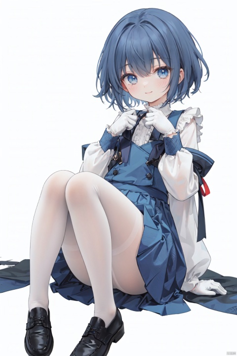  1 tomgirl, smile, short blue hair, blue eyes, solo, the whole body, sitting, long sleeved, pure white pleated_skirt, puff white sleeve, wide sleeve, lace, chiffon, white gloves, looking at viewer, facing the viewer, blush, frills, bangs, closed mouth, white pantyhose, grey background, canvas shoe