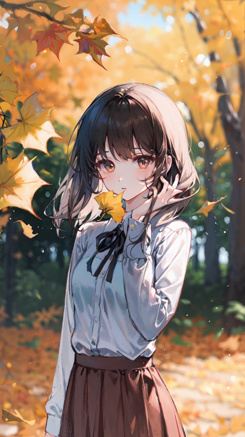  1girl, solo, holding leaf, long hair, ginkgo leaf, brown eyes, skirt, looking at viewer, holding, ribbon, hair ribbon, long sleeves, shirt, blurry, leaf, blurry background, bangs, off shoulder, brown skirt, black ribbon, brown hair, blush, depth of field, white shirt, hand up, autumn leaves, black shirt