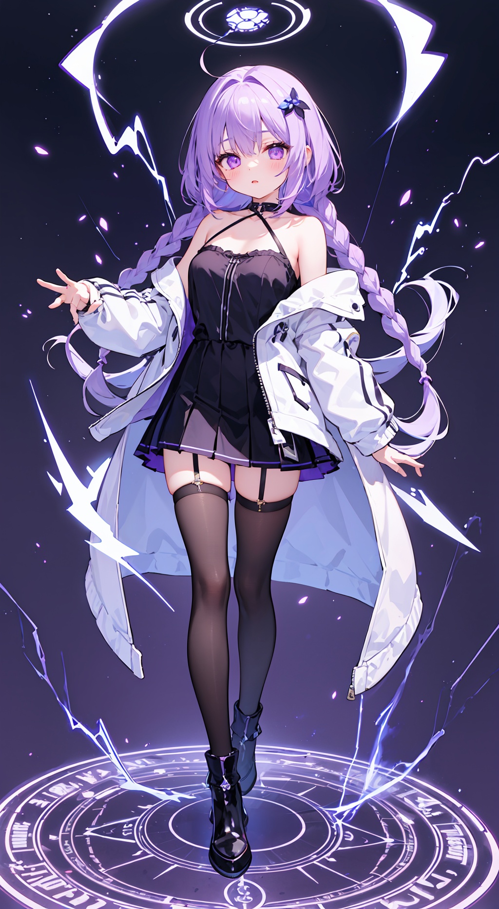  1girl,urple hair, purple eyes, glowing eyes, electricity,Silk stockings, jackets, lightning, Short skirt,Artifacts,purple magic, aura, full body,magic circle, braids,very long hair,hair flowe,Off shoulder, Cyber PKtarry sky ,