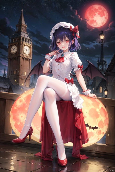 1girl, solo, wings, remilia scarlet, red eyes, hat, mob cap, moon, bat wings, bat \(animal\), crossed legs, high heels, looking at viewer, red footwear, short sleeves, short hair, puffy sleeves, ribbon, dress, blue hair, wrist cuffs, pantyhose, puffy short sleeves, hat ribbon, red ribbon, black pantyhose, sitting, ascot, frills, full moon, red bow, red moon, open mouth, bow, night, smile, fang, scarlet devil mansion, frilled shirt collar, full body, frilled sleeves, sky, purple hair, outdoors, red ascot, hair between eyes, clock tower, white dress, bangs