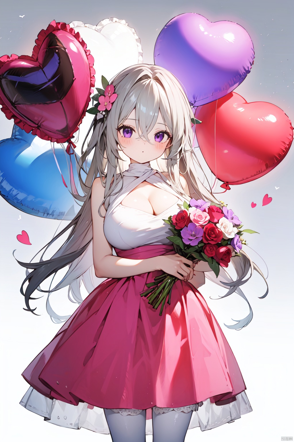  best quality, amazing quality, very aesthetic,long hair, 1girl, solo, dress, bouquet, flower, long_hair, hair_ornament, pink_dress, hair_flower, purple_eyes, letter, looking_at_viewer, envelope, bird, balloon, breasts, holding, large_breasts, holding_bouquet, blush, bangs, heart_balloon, hair_between_eyes, standing, grey_hair, floating_hair