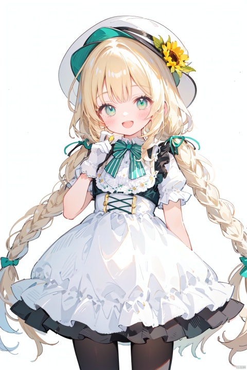  1girl, solo, long hair, looking at viewer, smile, open mouth, blonde hair, simple background, gloves, hat, white background, dress, green eyes, braid, flower, :d, pantyhose, striped, white gloves, twin braids, watermark, lolita fashion, top hat, hat flower