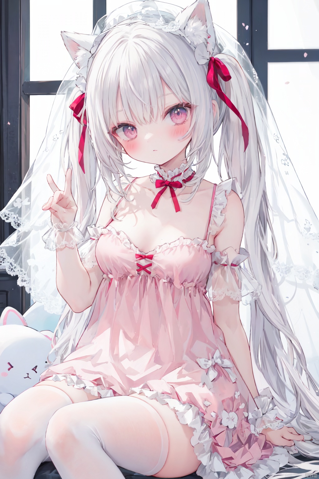  1girl, very long hair, twintails, white hair, loli, hair ribbon, pink dress,
dutch angle,, sitting, head tilt, medium breasts, fox shadow puppet, hood, veil,
white background, simple background, depth of field, blurry background,
stronge sunlight, window, white wall, stuffed toy, white thighhighs, frilled thighhighs, 
shamed, blush,
masterpiece, best quality, hdr, onnk, bow, frills, ,