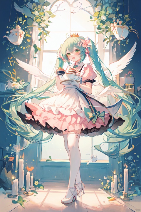  crown, hatsune miku, dress, musical note, long hair, flower, mini crown, twintails, gloves, solo, very long hair, cup, holding, bird, food, smile, white dress, white gloves, wings, hair flower, cake, white footwear, hair ornament, open mouth, thighhighs, teacup, white thighhighs, candle, bow, high heels, eighth note, pink flower, saucer, :d, full body, feathered wings, looking at viewer, fork, bangs, plate, frilled dress, frills, ahoge, blush, dove, green eyes, shoes, spoon, wand, braid
