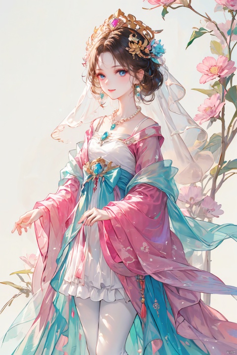  Golden micro-curly hair, exquisite headdress, lovely, pink veil, ((looking at the camera)), flower earrings, pearl necklace, small fresh, blue eyes, eyelashes, sweet smile, holding a bunch of pink flowers, Mori super fairy dream simple pink princess veil., backlight, white pantyhose
