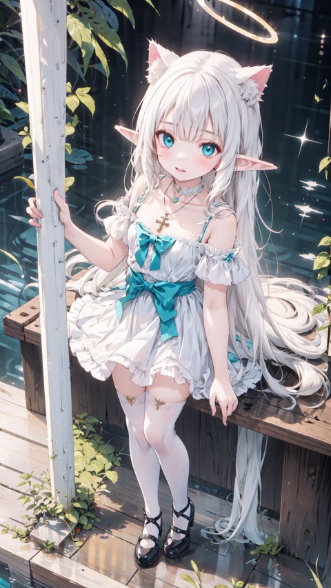  1girl, elf, princess,full body, Masterpiece, best quality, {masterpiece},white hair,aqua eyes,looking up,stockings,long hair,halo,cross necklace,holy,divinity,shine,holy light,cat girl,(loli),(petite),2D conceptualdesign, goddess