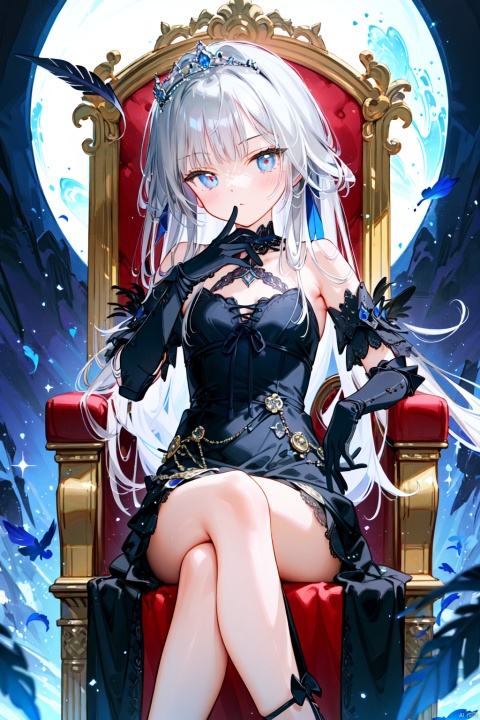 colors, (((masterpiece))),best quality, illustration,depth of field,(beautiful detailed girl), 1girl,bare shoulders,flat_chst,diamond and glaring eyes,beautiful detailed cold face,very long blue and sliver hair,floating black (feathers),straight_hair,bridal_gauntlets,evening_dresses,gold_fringes,a (blackhole) behind the girl,a silver triple crown inlaid with obsidian,tiara,sitting,sit on ((throne)), face at viewer,crossed_legs,stately_throne,ribbon lace up heels
