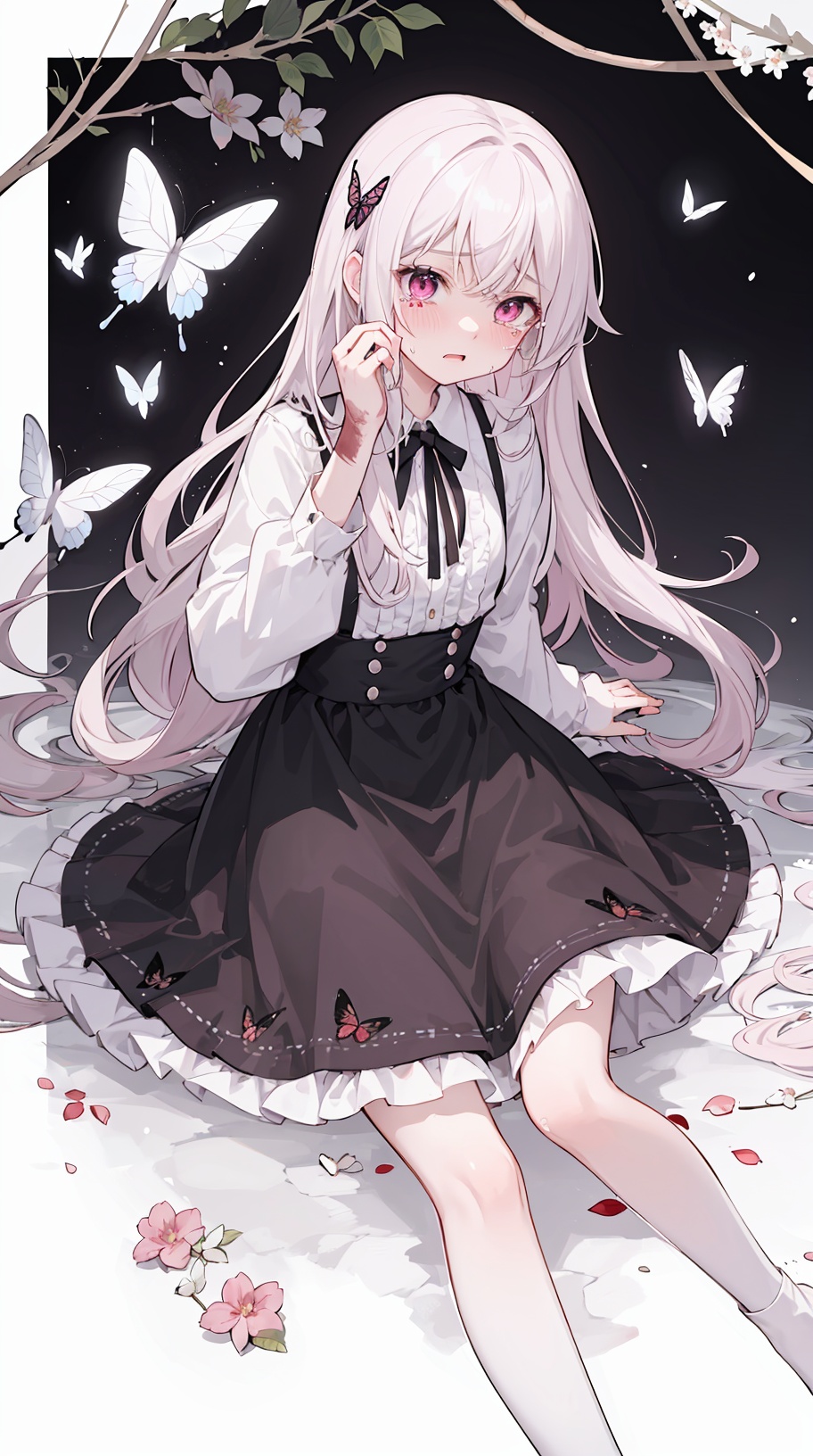  bird, black_border, blood, blood_on_face, bug, butterfly, crying, fairy, flower, injury, letterboxed, long_hair, male_focus, pillarboxed, tears, white_butterfly