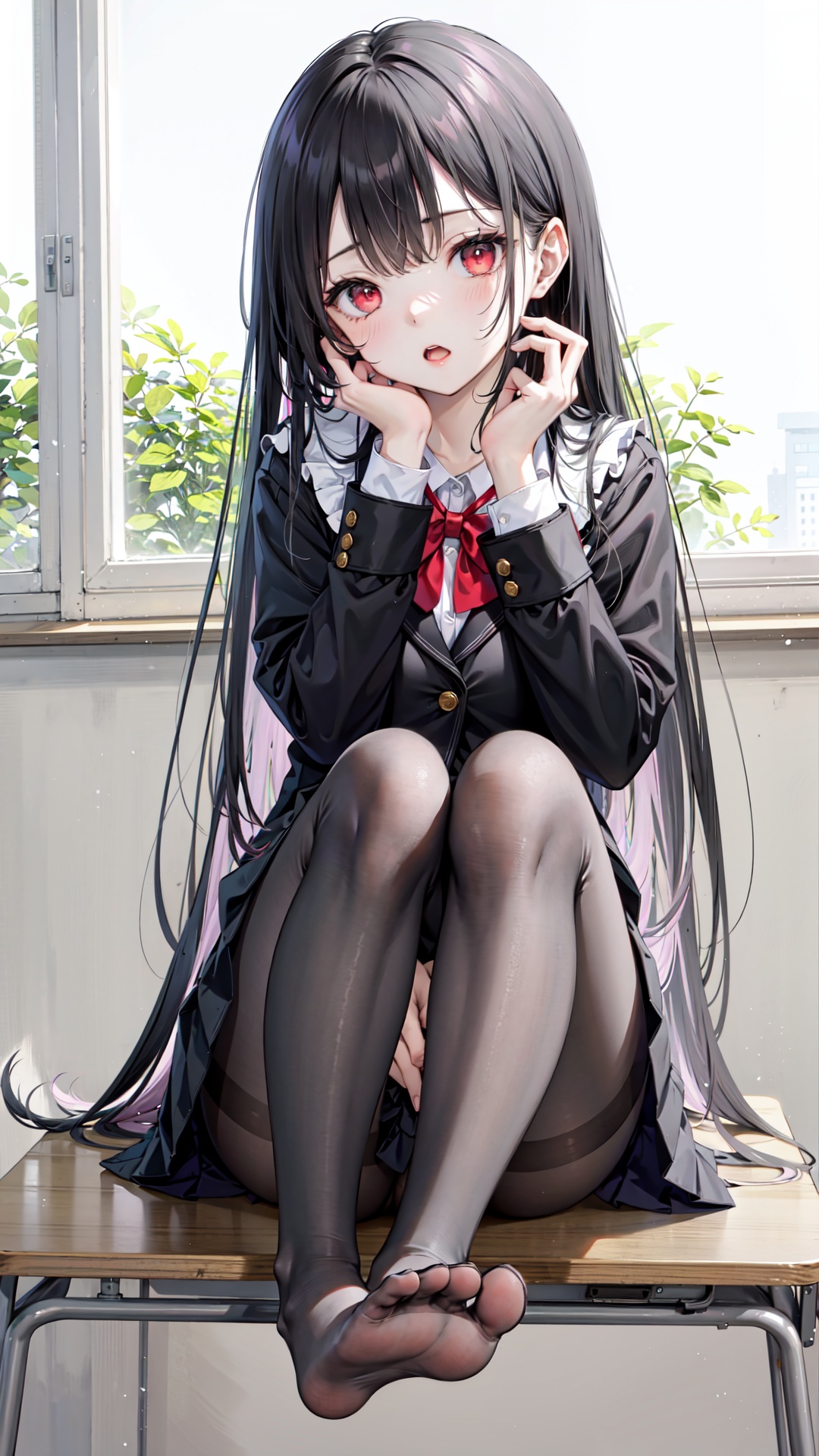  1girl, pantyhose, solo, long hair, black hair, school uniform, red eyes, indoors, sitting, desk, skirt, feet, classroom, no shoes, looking at viewer, bow, hand on own face, hand on own cheek, red bow, school desk, jacket, black pantyhose, bowtie, shirt, red bowtie, blazer, blush, open mouth, chair, bangs, pleated skirt, white shirt, breasts, toes, black jacket, on desk, long sleeves, school chair, collared shirt, :o, very long hair, foot focus, cuteloli, 2D ConceptualDesign, backlight, phpose, cozy animation scenes
