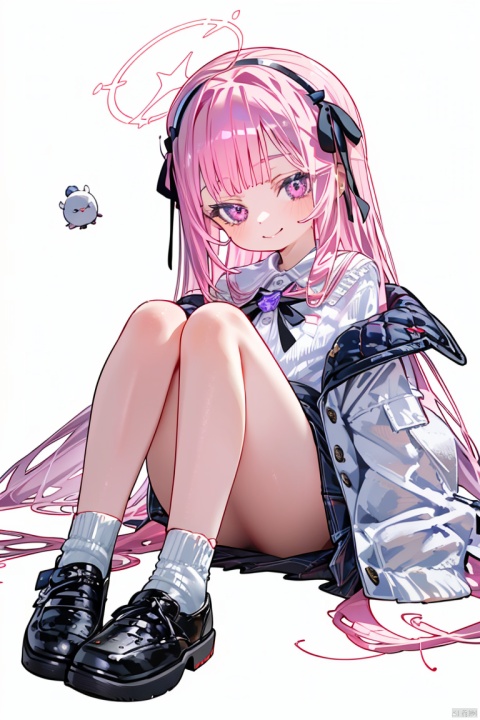  (best quality),(masterpiece),1girl, long hair, pink hair, halo, white socks, socks, shirt, collared shirt, shoes, jacket, very long hair, white background, white shirt, solo, smile, bangs, looking at viewer, simple background, white jacket, sitting, black footwear, off shoulder, skirt, hairband, open jacket, open clothes, pink eyes, closed mouth, long sleeves, ribbon, knees up, black skirt, white hairband, full body, black ribbon, bow, stuffed toy, hair ribbon, mary janes, convenient leg, pleated skirt