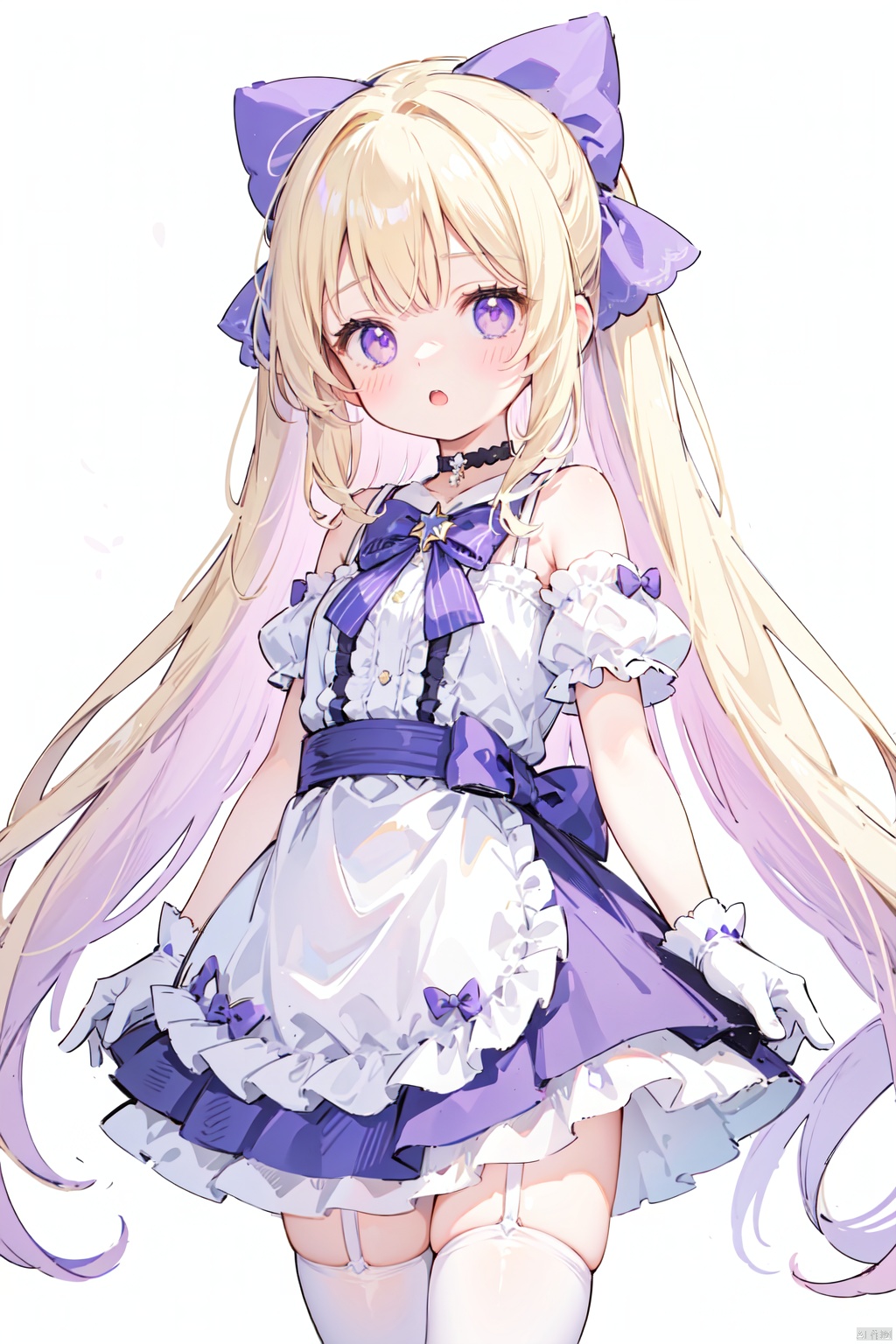  petite,1girl, solo, long hair, looking at viewer, open mouth, skirt, blonde hair, simple background, thighhighs, gloves, white background, dress, bow, bare shoulders, jewelry, purple eyes, hair bow, choker, white gloves, star \(symbol\), :o, white thighhighs, zettai ryouiki