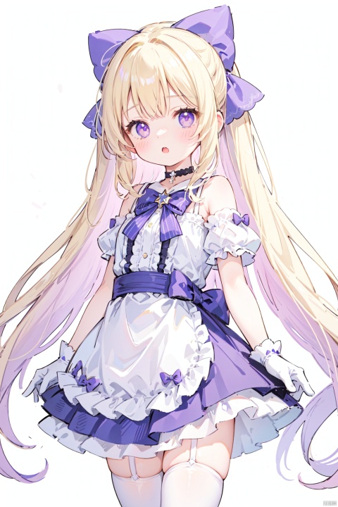  petite,1girl, solo, long hair, looking at viewer, open mouth, skirt, blonde hair, simple background, thighhighs, gloves, white background, dress, bow, bare shoulders, jewelry, purple eyes, hair bow, choker, white gloves, star \(symbol\), :o, white thighhighs, zettai ryouiki