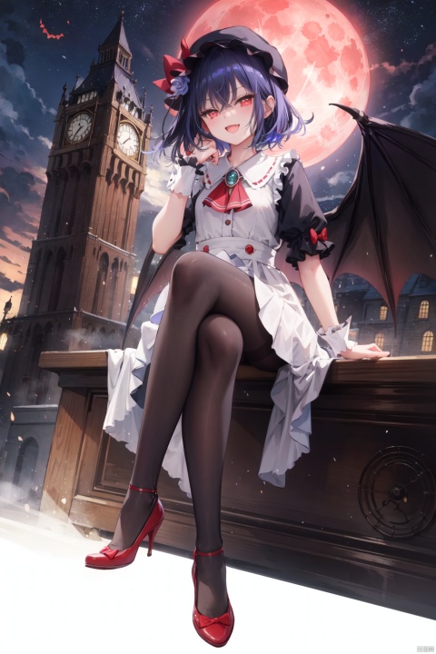 1girl, solo, wings, remilia scarlet, red eyes, hat, mob cap, moon, bat wings, bat \(animal\), crossed legs, high heels, looking at viewer, red footwear, short sleeves, short hair, puffy sleeves, ribbon, dress, blue hair, wrist cuffs, pantyhose, puffy short sleeves, hat ribbon, red ribbon, black pantyhose, sitting, ascot, frills, full moon, red bow, red moon, open mouth, bow, night, smile, fang, scarlet devil mansion, frilled shirt collar, full body, frilled sleeves, sky, purple hair, outdoors, red ascot, hair between eyes, clock tower, white dress, bangs